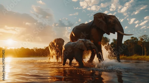 A family of elephants crossing a river, the youngest one playfully spraying water with its trunk