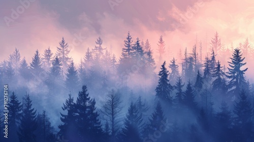 Trees in the fog with a pink sky