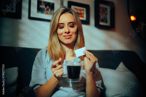 Woman Using Artificial Sweetener for her Beverage in the Morning. Girl defeating her taste for sweetness with healthier alternatives. 