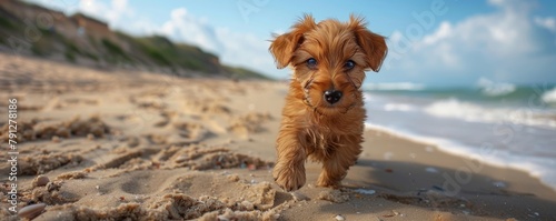 A puppy running on the beach