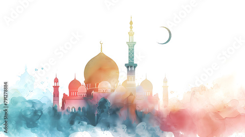 watercolor illustration of Islamic mosque with crescent moon, eid ul adha greeting background