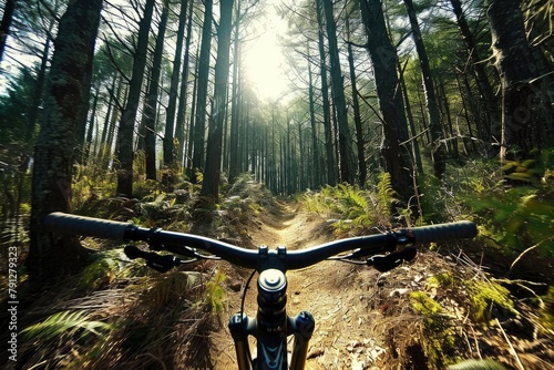 Intense mountain biking through a forest trail, Low angle photo of mountain biker jumping in forestAi generated