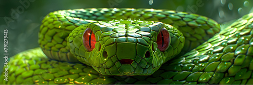 A close up of a green snake's head ,A green snake with a red tongue sticking out ,A green snake with a red eye.,Snake in fantasy art.