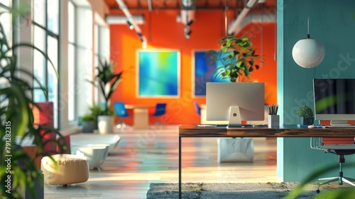 With defocused backgrounds showcasing the colorful interiors its clear that these modern office spaces are designed to inspire productivity and foster a sense of community a coworkers. .