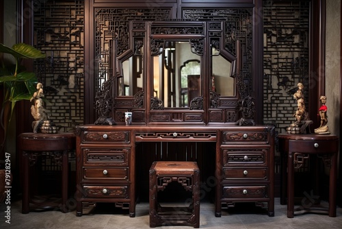 Carved Rosewood Mirror: Ming Dynasty Bedroom Elegance Decors & Elegant Vanity Area