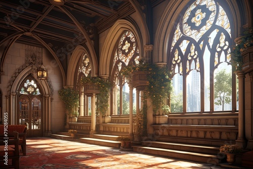 Neo-Gothic Castle Foyer Concepts: Clerestory Windows and Parapet Indoor Views