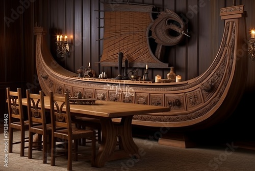 Nordic Myth Great Hall Dining: Viking Ship Model & Oaken Sideboards Inspiration