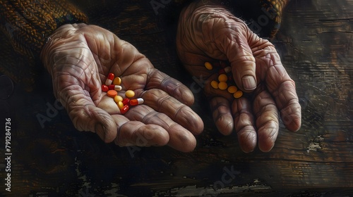 A pair of old hands holds a handful of medicine