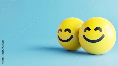 Yellow ball with happy face on light blue background with copy space. studio lighting. mood concept.