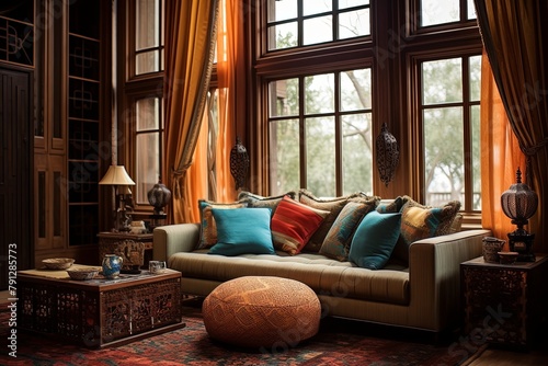 Satin Elegance: Silk Road Caravanserai Living Room Ideas with Silk Curtains and Cushioned Ottomans