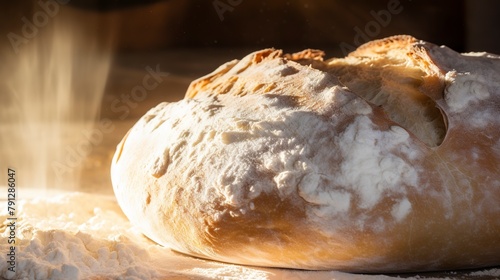 Close-up of rising bread dough in a warm, sunlit spot, showing the yeast at work with visible air pockets forming. 