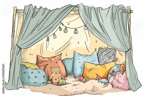 Cartoon cute doodles of a cozy blanket fort with pillows and stuffed animals, Generative AI