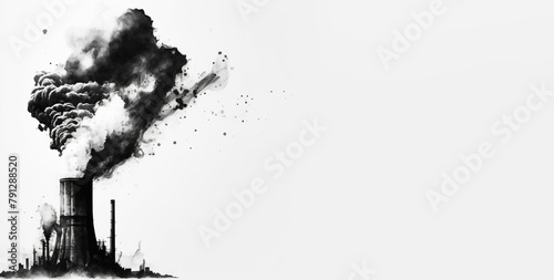 Ecology pollution, smoke from pipe on white background, graphic isolate. AI generated.