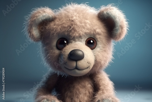 A soft, plush teddy bear with a gentle gaze against a blue backdrop