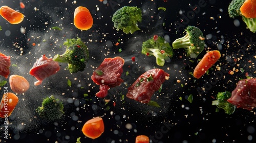 cinematic low - angle shot, product photography, carrots broccoli and red meat pieces flying in the air, black background 