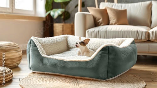 Blank mockup of a reversible pet bed with a soft fleece side and a cool breathable side. .