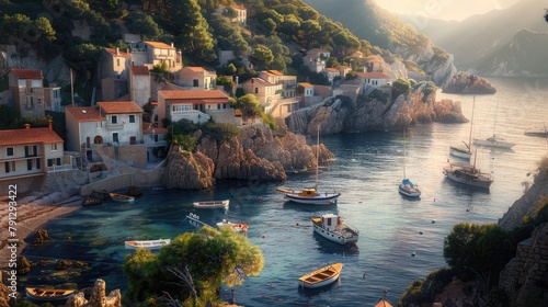 A charming coastal village nestled along rugged cliffs, its whitewashed cottages and cobblestone streets overlooking a pristine bay dotted with fishing boats and sailboats