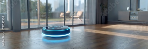 wireless futuristic vacuum hoover cleaning machine robot on schedule in a living room with HUD datum data and controls, concept of internet of things and smart home appliances