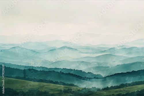 distant green hills and mountains in the mist with a faded blue sky