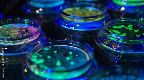 Closeup of a petri dish containing different types of stem cells labeled with fluorescent markers showcasing the ability to track and identify specific cell types. .