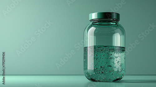 A glass jar with a green lid is sitting on a table. The jar is filled with a clear liquid and there are bubbles rising to the top. The background is a light green color.