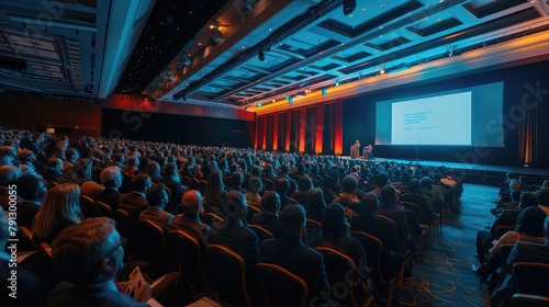 A high-powered business conference in a state-of-the-art convention center, with industry leaders delivering inspiring keynote speeches and participating in panel discussions on cutting-edge topics.