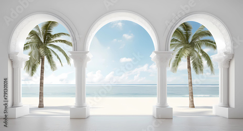 White arches with palm trees and beach