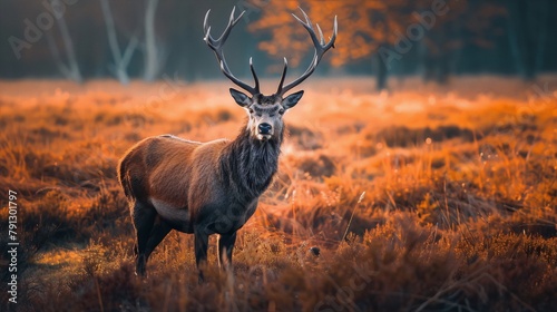 A majestic red deer stands in an autumn field, its antlers silhouetted against the setting sun in warm colors, evoking a sense of tranquility and the beauty of nature.