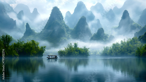 Guilin's Mystique: Limestone Peaks Emerge from Mist on the Li River