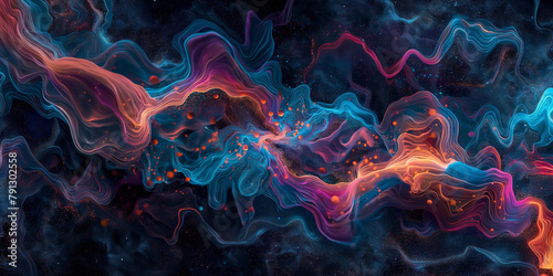 A colorful, swirling galaxy of blue, red, and purple