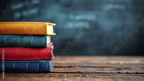Closeup of school textbooks on wooden table with blurred chalkboard background. Concept Education, School Supplies, Closeup Photography, Learning Environment, Study Session