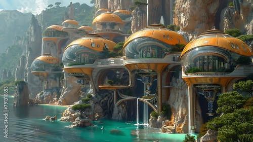 Futuristic cityscape with orange-domed buildings nestled on cliffside overlooking a tranquil sea, under a clear sky 