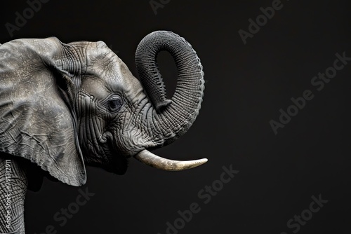 High contrast shot of elephant head with curled trunk on black background
