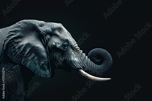 High contrast shot of elephant head with curled trunk on black background