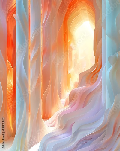 Abstract digital art representing a colorful and flowing cave-like landscape with warm hues and radiant light at the end of the corridor. 