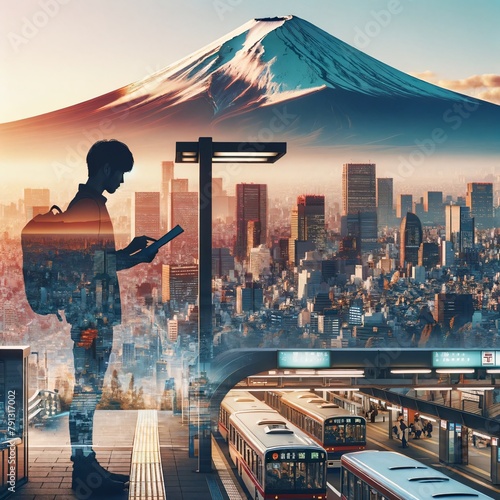 Tourist at Bus Depot with Tokyo Cityscape and Mount Fuji Overlay