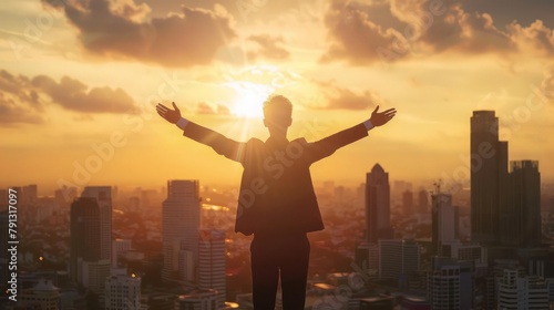bathed in the golden light of victory, a businessman stands tall, his silhouette sharp against the cityscape His arms reach for the sky, a beacon of determination and resilience that has conquered eve