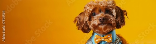 A canine fashionista strikes a pose on a field of sunshine yellow, its sequined vest and polkadotted bow tie shimmering under a spotlight, ready to steal the show with its flamboyant moves