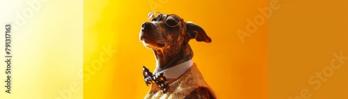 A canine fashionista strikes a pose on a field of sunshine yellow, its sequined vest and polkadotted bow tie shimmering under a spotlight, ready to steal the show with its flamboyant moves