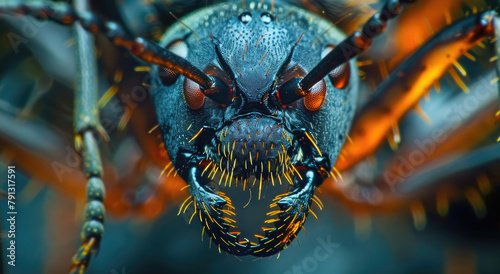 A macro photo of an ant with humanlike eyes and mandibles