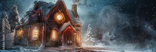 Wispy tendrils of steam rise from a gingerbread house, its candy cane windows glowing with warm light A dusting of powdered sugar resembles freshly fallen snow, and a frosting wreath adorns the door,