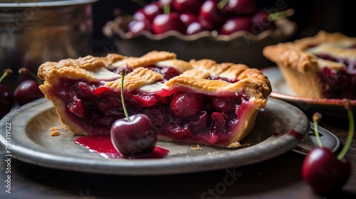 Rustic cherry pie, close-up, with a flaky crust and rich, red cherry filling spilling out, on a vintage pie dish. 