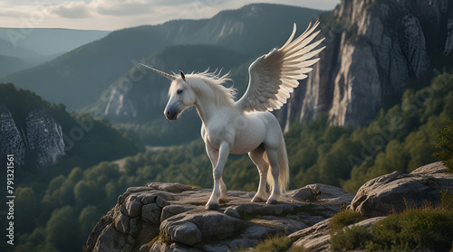 White pegasus unicorn in a rock cliff high above, Generative.AI 