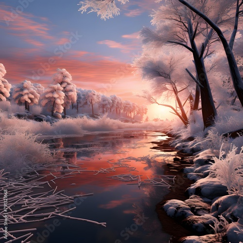 Winter landscape with frozen river and trees at sunset. 3d render
