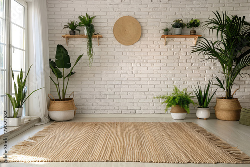 an interior design concept for the living room, featuring plants and a black metal shelf with pots against light grey walls, a white floor, a wooden coffee table