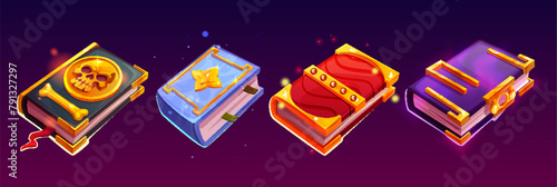 Magic books for game ui design. Cartoon vector illustration set of closed fantasy wizard literature with hardcover decorated with gold and gem stone. Ancient alchemy or witch grimoire with glow effect