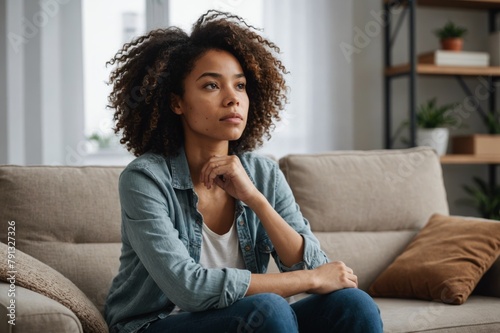 Contemplative biracial young woman looking away while sitting on sofa at home