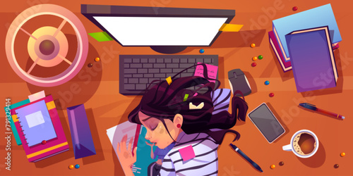 Tired woman sleep at office computer desk vector. Exhausted, stress and fatigue girl worker with low motivation. Messy student table and burnout female character. Overtime and lack energy lady