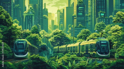 Futuristic Trains Gliding through a Lush Urban Forest with Skyscrapers in Background