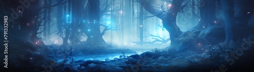 Mysterious forest bathed in ethereal blue light, mist hovering over the ground, fantasy environment